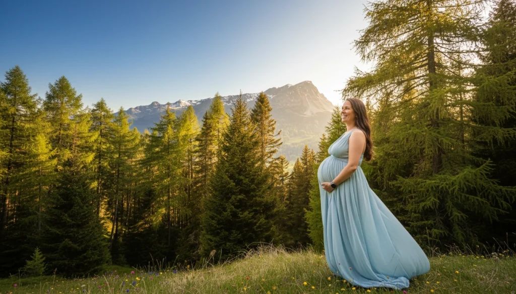 Schwangere Frau, mit Blick auf den Piz Lad
